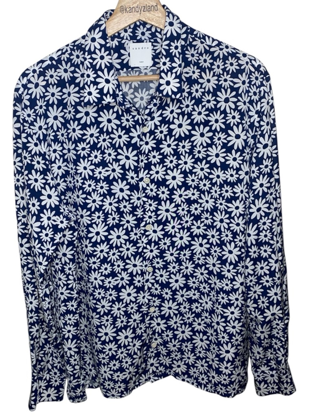 SANDRO Paris Navy and White Floral Print Men’s Button Down Dress Shirt - Picture 2 of 6